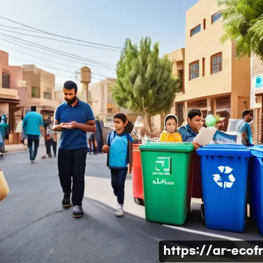 포장 재활용률 향상을 위한 전략 - A vibrant community recycling event in an Arabic neighborhood, featuring diverse people including fa...