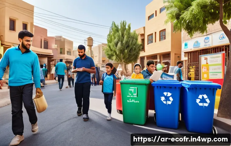 포장 재활용률 향상을 위한 전략 - A vibrant community recycling event in an Arabic neighborhood, featuring diverse people including fa...