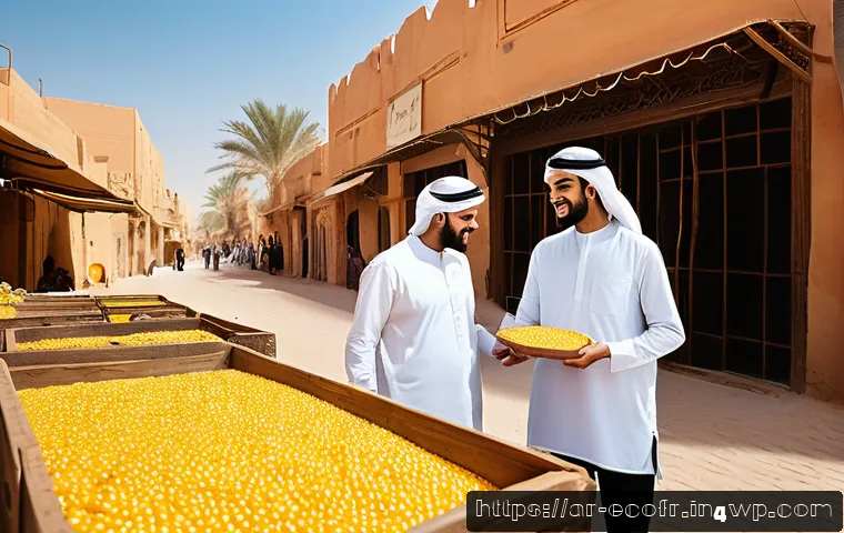 포장 산업의 지속 가능성 목표와 실천 방안 - A vibrant marketplace scene in an Arab country showcasing sustainable packaging materials prominentl...