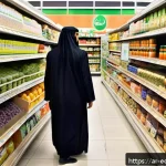 Home 16 식품 산업에서의 친환경 포장 적용 사례 - A vibrant Middle Eastern grocery store aisle featuring eco-friendly packaged foods with Arabic label...