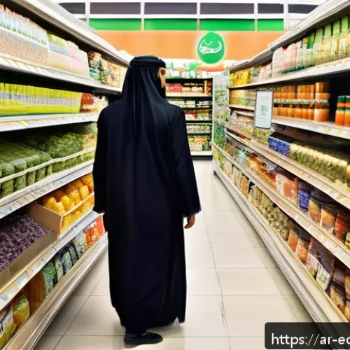 Home 28 식품 산업에서의 친환경 포장 적용 사례 - A vibrant Middle Eastern grocery store aisle featuring eco-friendly packaged foods with Arabic label...