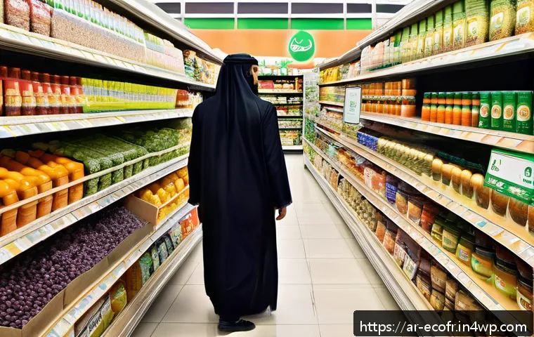 식품 산업에서의 친환경 포장 적용 사례 - A vibrant Middle Eastern grocery store aisle featuring eco-friendly packaged foods with Arabic label...