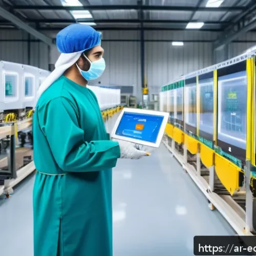 Home 15 포장업계의 디지털 전환과 친환경 전략 - A futuristic packaging production line in a modern Middle Eastern factory, featuring smart AI and Io...