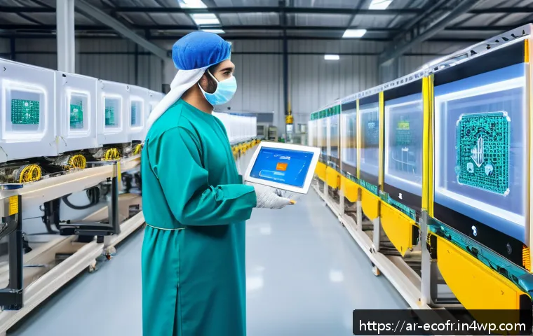 포장업계의 디지털 전환과 친환경 전략 - A futuristic packaging production line in a modern Middle Eastern factory, featuring smart AI and Io...