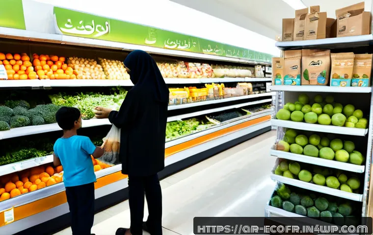 전망되는 친환경 포장 기술의 미래 - Photorealistic modern supermarket in a Gulf Arab city, a modest Arab family selecting fresh produce ...